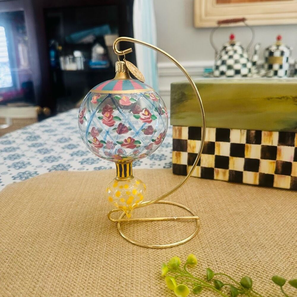 Mackenzie-Childs Vintage Circus Rose Arbor Double Drop Blown‎ Glass Ornament